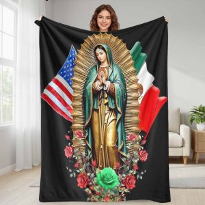 Virgin Mary flannel blanket with USA and Mexico flag floral print  soft warm lightweight  perfect for home decor  church gatherings  holiday celebrations  prayer room  and gifting to loved ones