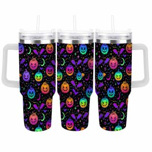 Neon Pumpkin Bat Car Cup 40oz 30oz Colorful Jack O Lantern Gothic Pattern Thermal Insulated Stainless Steel Tumbler Leakproof Handle Travel Mug Holiday Party Gift Daily Office Usage Outdoor Adventure Camping Accessory