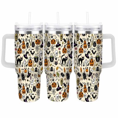 Spooky Halloween Tumbler 40oz/30oz Pumpkin Ghost Witch Hat Print Insulated Stainless Steel Travel Mug Double Wall Vacuum Cup Perfect For Fall Festive Party Office Daily Commute Gift Idea