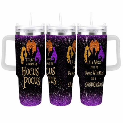 Glittering Sanderson Sisters Travel Tumbler 40oz/30oz Magical Halloween Witchy Quotes Print Stainless Steel Vacuum Insulated Spill Proof Ergonomic Handle For Coffee Parties Office Commute Gifts