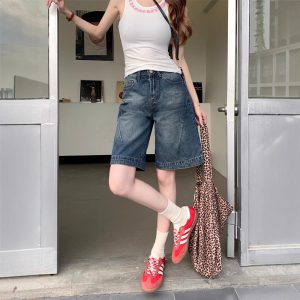 Real shot~Retro hot girl cropped pants denim shorts women's high waist loose design wide-leg mid-length pants