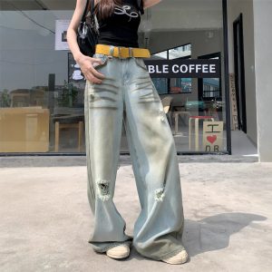 Real shot tie-dyeing old American pleated ripped wide-leg pants high waist temperament jeans for women