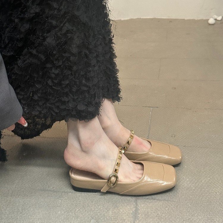 French niche design sense Baotou half slippers summer one-length strap rivet mules with skirt sandals