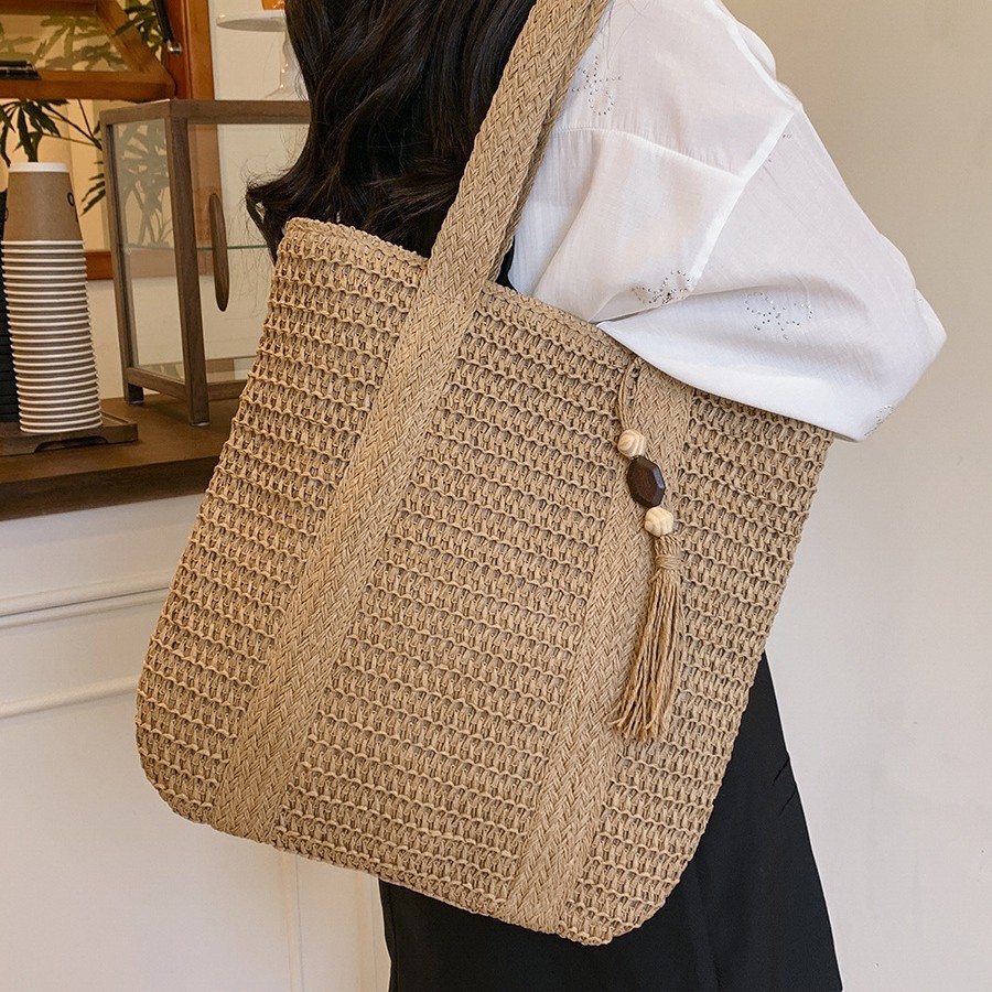 Vacation style woven large bag women fashionable simple large capacity straw woven bag summer commuter underarm bag