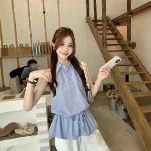 Real photos of summer Korean temperament plaid shirt top drawstring slimming and reducing age-reducing versatile loose-edged vest for women