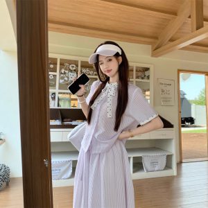 Real shot of polka dot stripes high waist slim design shirt purple shirt skirt suit women