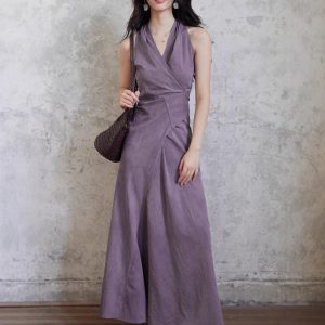 Eryang [Qingwan] Temperament purple collar halter neck long skirt for women with straps design dress