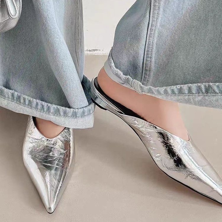 Pointed soft leather low heel comfortable lazy half slippers summer simple temperament sandals fairy style high heels