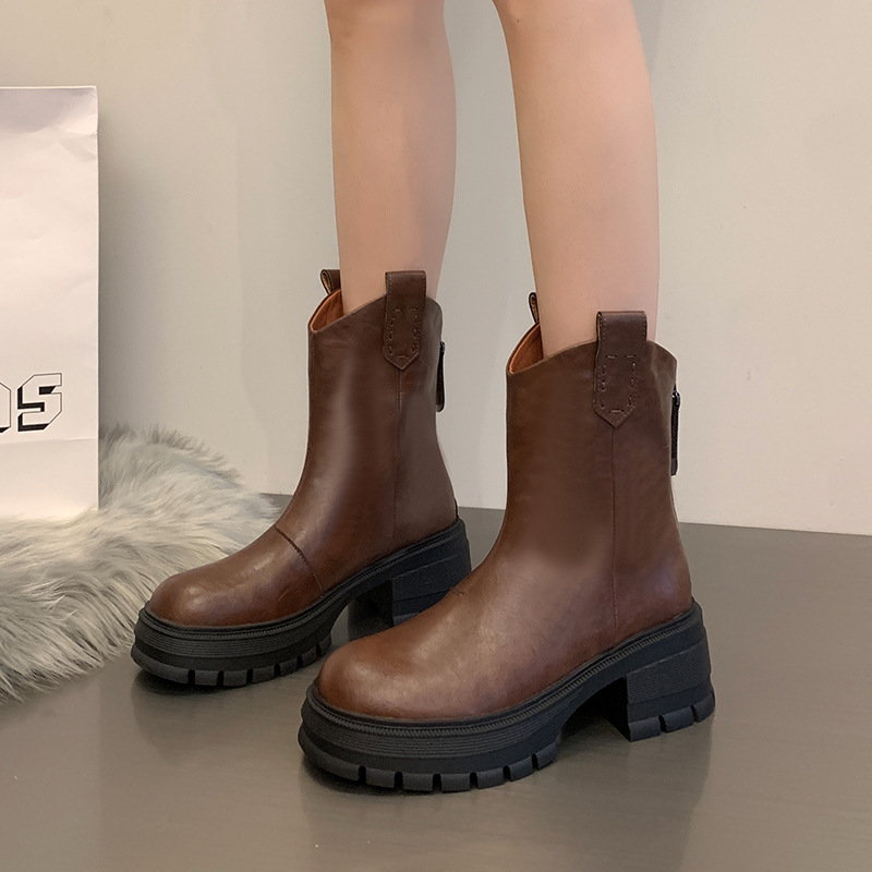Soft leather thick sole zippered boots for women, slim and low-tube British style Martin boots simple retro western boots