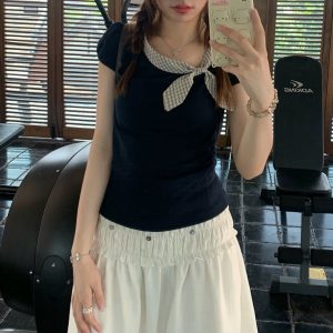 Rabbit ears well-behaved short-sleeved shirt three-color summer slim shoulder top makes you look thin
