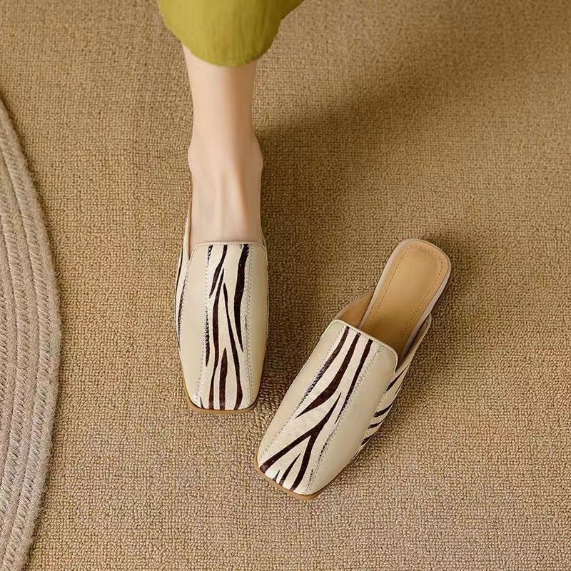Wanziyan spring and summer color-blocking bag-toe lazy square-toe thick heel half-slippers for women wearing fashionable mules outside