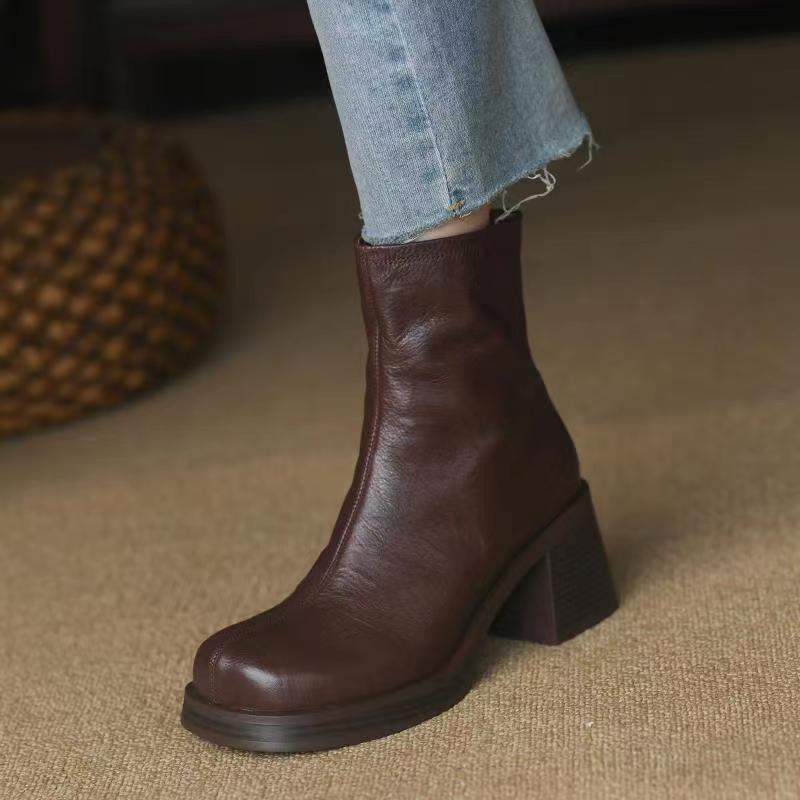 Giant comfortable fashion thick sole short boots for women thick heels autumn and winter soft leather boots retro stilettos Martin boots