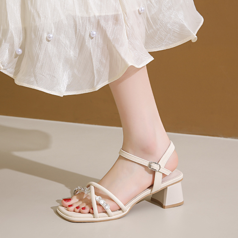 French gentle sandals for women in summer fairy style with skirt temperament rhinestones strap thick heel sandals