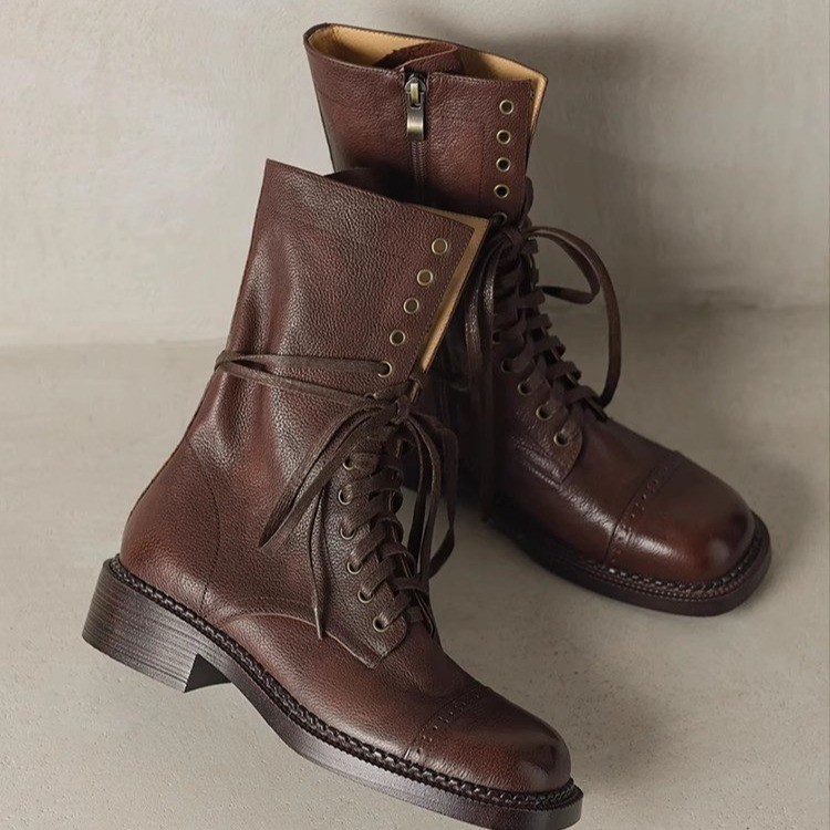 Retro British square-toe soft leather Martin boots for women's autumn short boots tied mid-tube knight western denim boots
