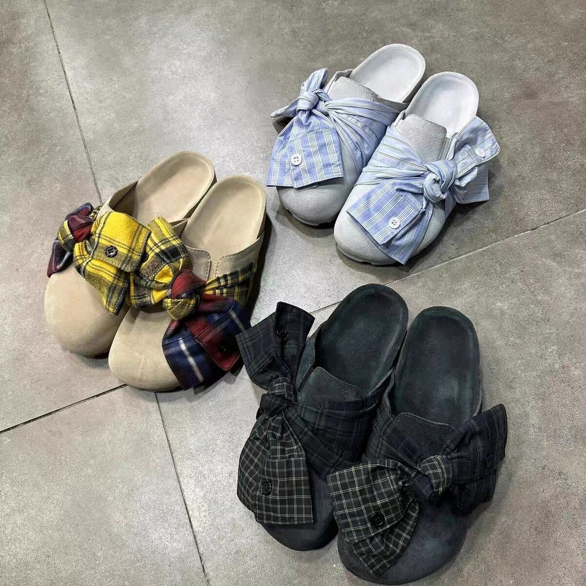 Retro denim plaid bow bag half slippers for women in summer wear lazy sandals