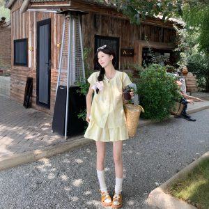 Real shot~ Sweet Korean style loose lace-up short sleeve shirt wide-leg shorts small fashion suit