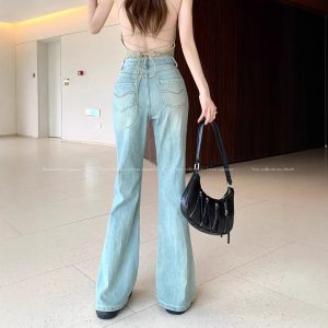 Real shot of summer high-waist stretch versatile jeans for women with slim slim trousers