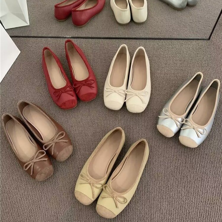 Evening breeze bow flat shoes with one foot single shoes Japanese grandma shoes spring and summer beans shoes mother women's shoes