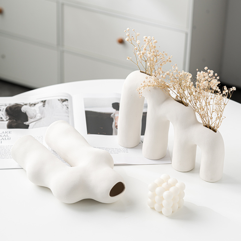 Ceramic special-shaped letters multi-diameter flower insert high-end sense white vase matte craft decoration ornament gift