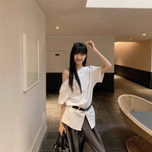 Real photo of summer design off-shoulder mid-sleeved shirt for women with belt