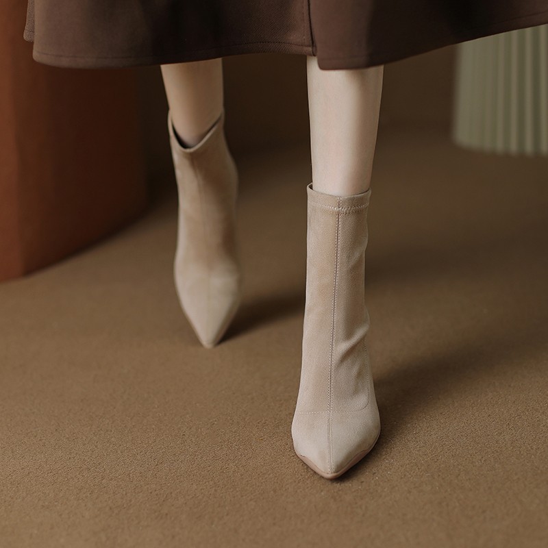 Stretch short boots for women in autumn and winter thick heel pointed toe suede splicing boots for women in middle heel soft skin thin boots