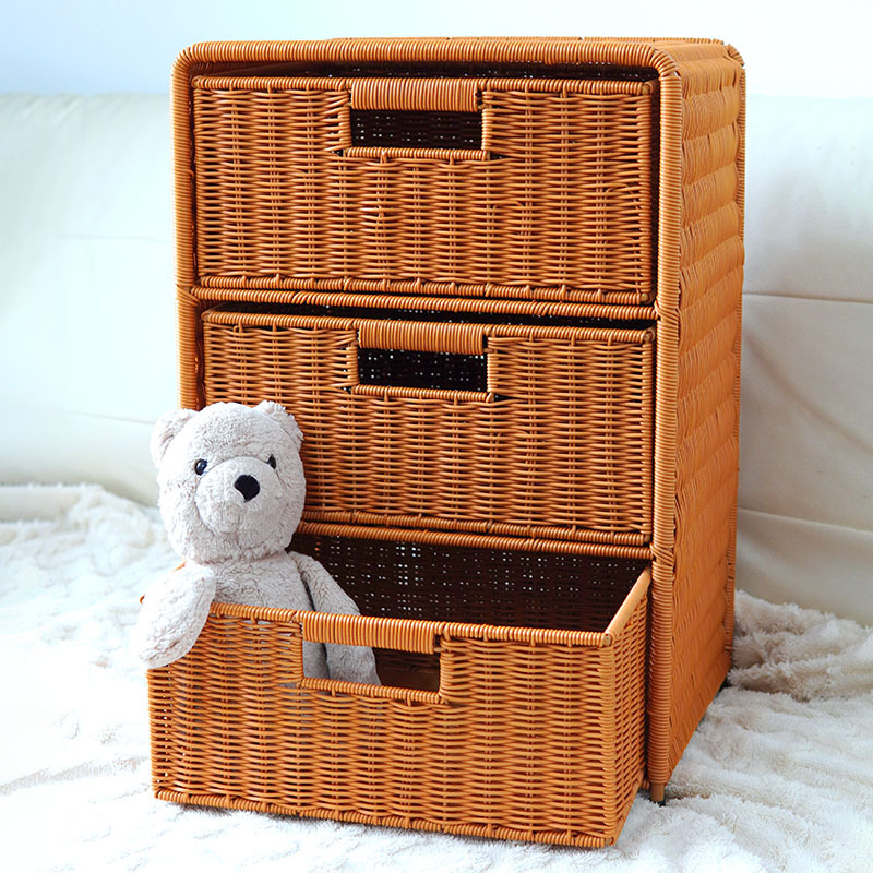 Imitation rattan bedside storage cabinet three-layer floor-standing storage rack living room dining side cabinet storage cabinet storage cabinet bedside storage box