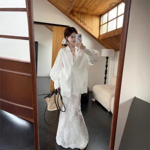 Real shot~Design-sensual lace spliced ​​long-sleeved shirt for women + lace underwear + high-waisted skirt three-piece set