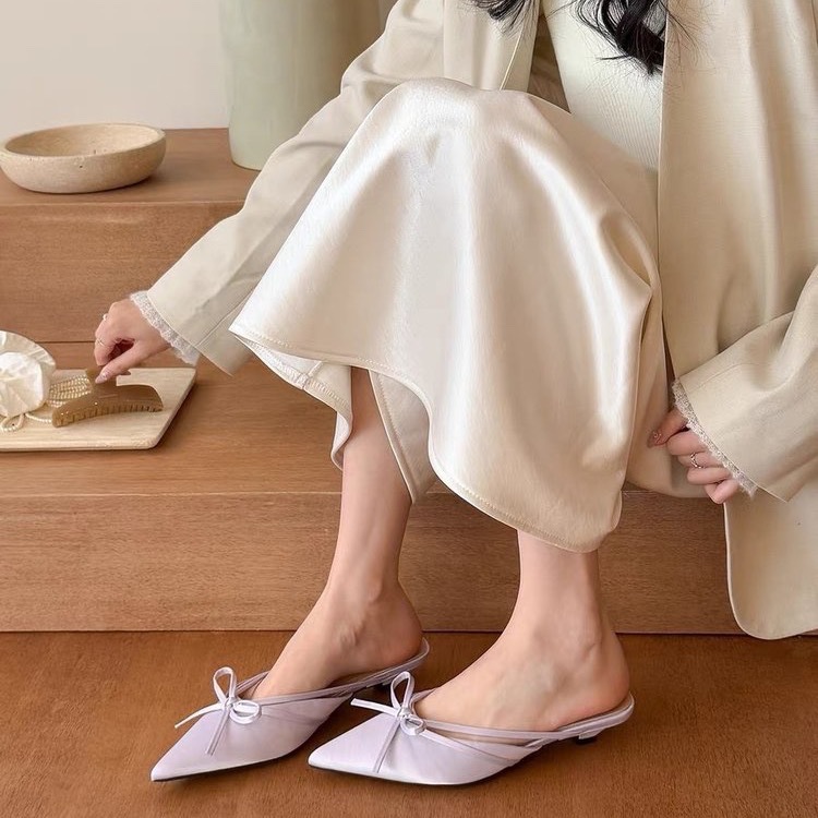 Thick heel bow bag half slipper fairy shoes spring and summer satin French temperament half-scroll single shoes
