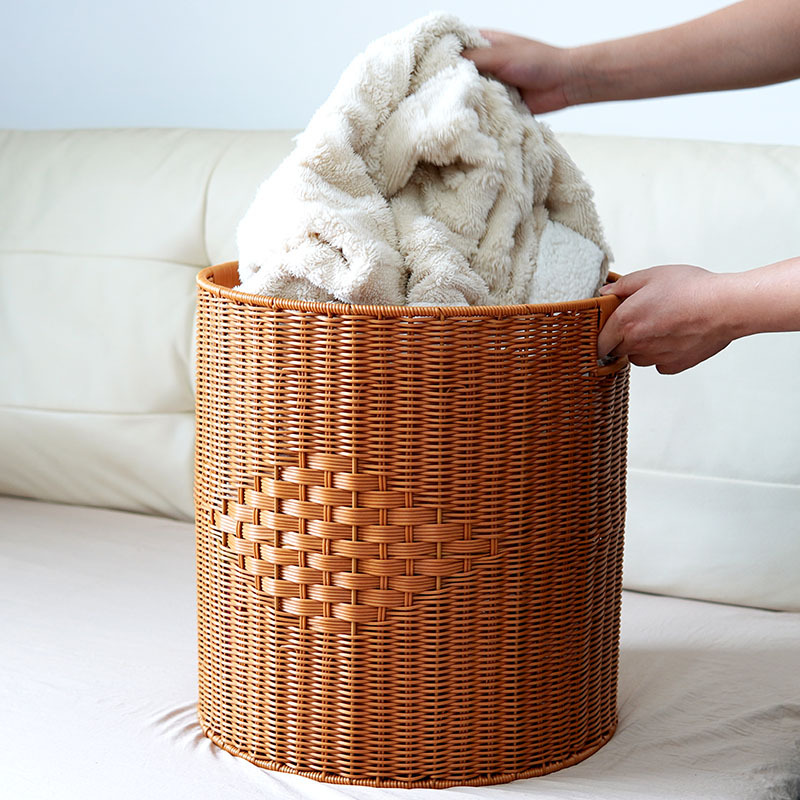 Imitation rattan woven round storage bucket with lid living room toys storage basket bedroom clothes storage basket dirty laundry basket
